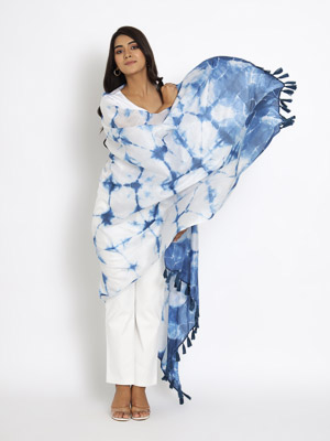 Volga ~ Blue & White Designer Shibori Silk Scarf for Women