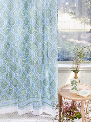 Woodland Ferns ~ Sheer Light Blue, Sage Green Curtain Panel