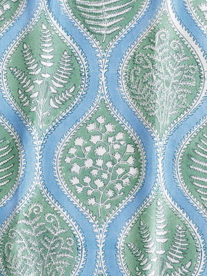 Woodland Ferns ~ Blue and Green Fabric With Ogee Botanical Print