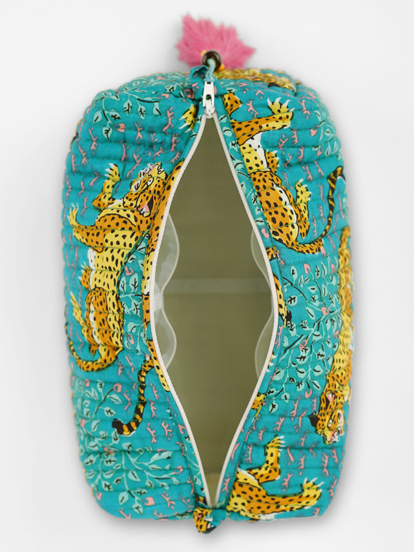 Turquoise Cheetah Trails ~ Quilted Toiletries and Makeup Bag in Cotton (Set Of 3in) by Saffron Marigold