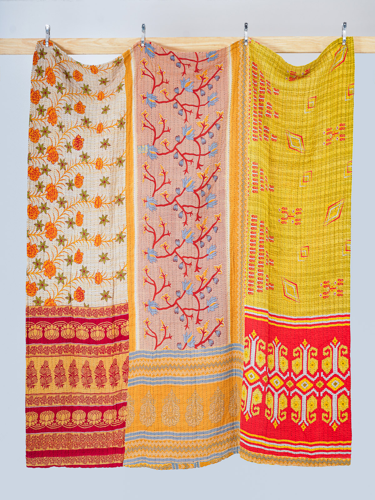 Golden Garden Motif Queen Kantha Quilt