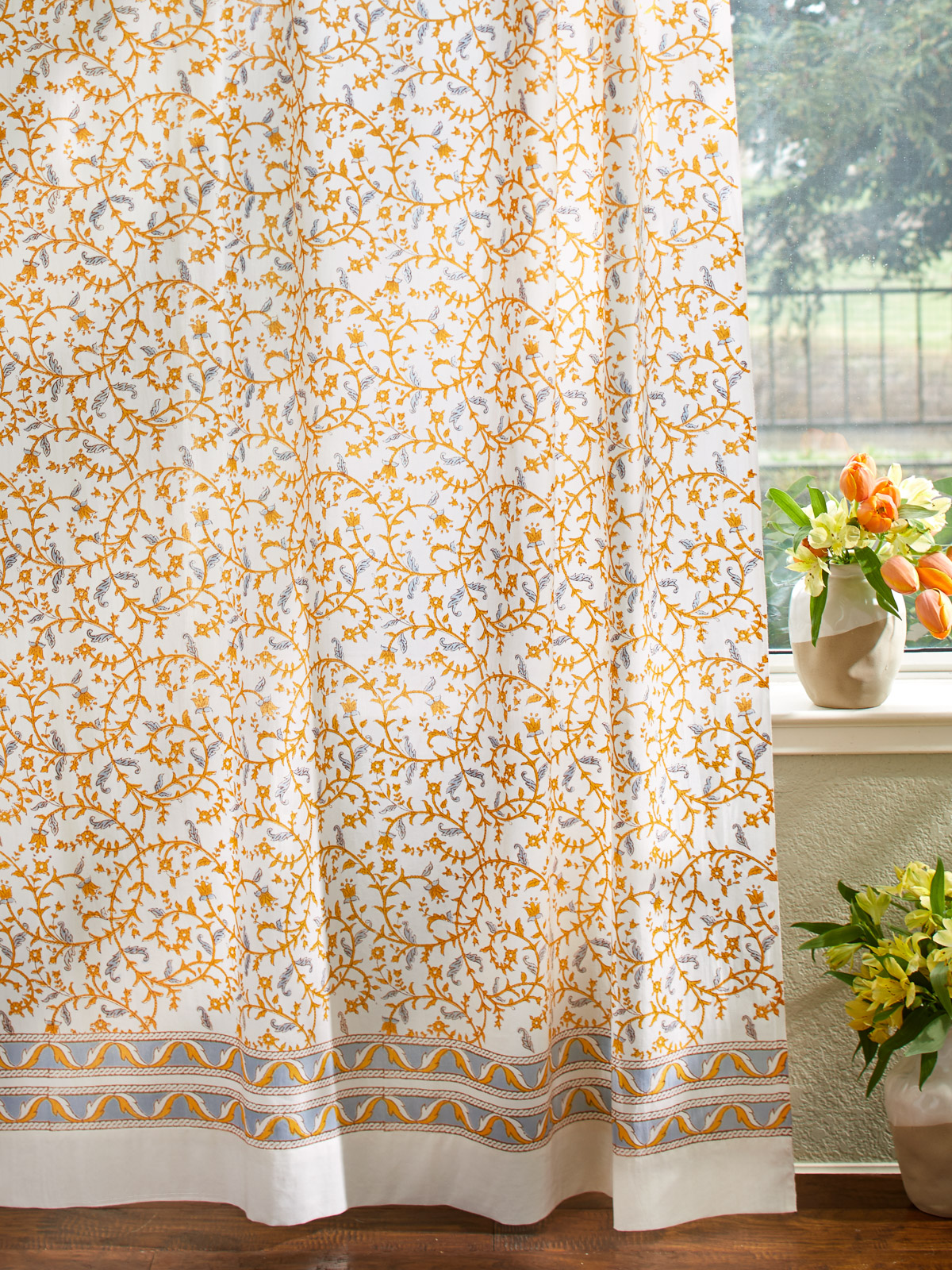 Gardens of Versailles ~ French Yellow Gold Floral White Curtain