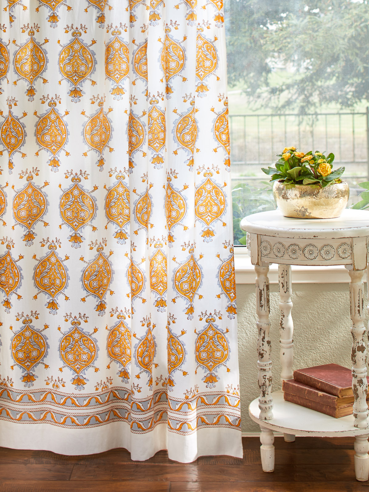Versailles ~ Yellow Grey Medallion Fleur de Lis White Curtain