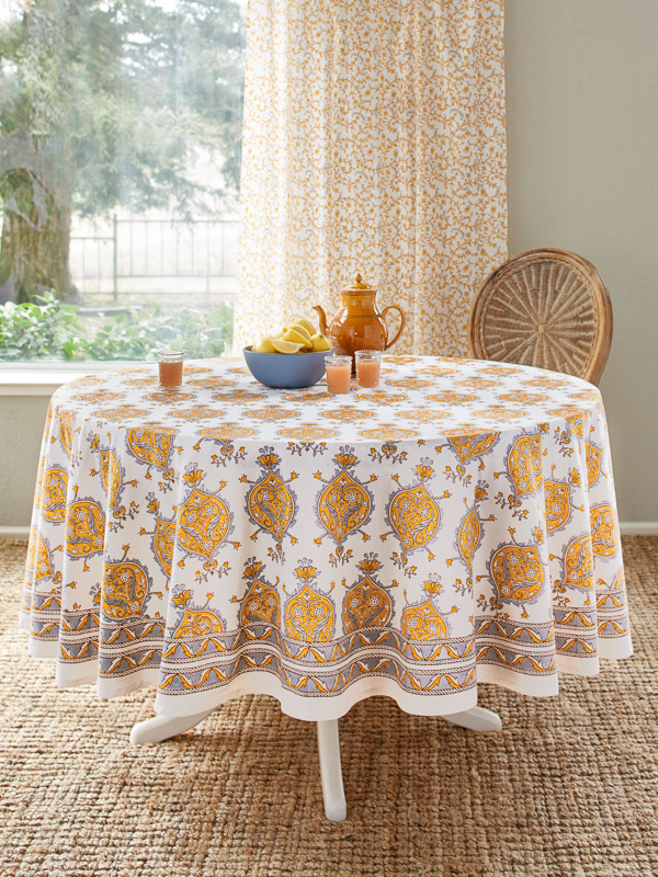 Versailles ~ Yellow and Grey Medallion White Round Tablecloth