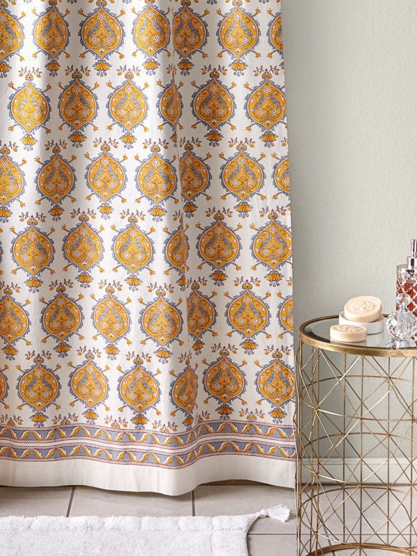 White Gold Medallions Shower Curtain, Yellow Grey White Shower Curtain