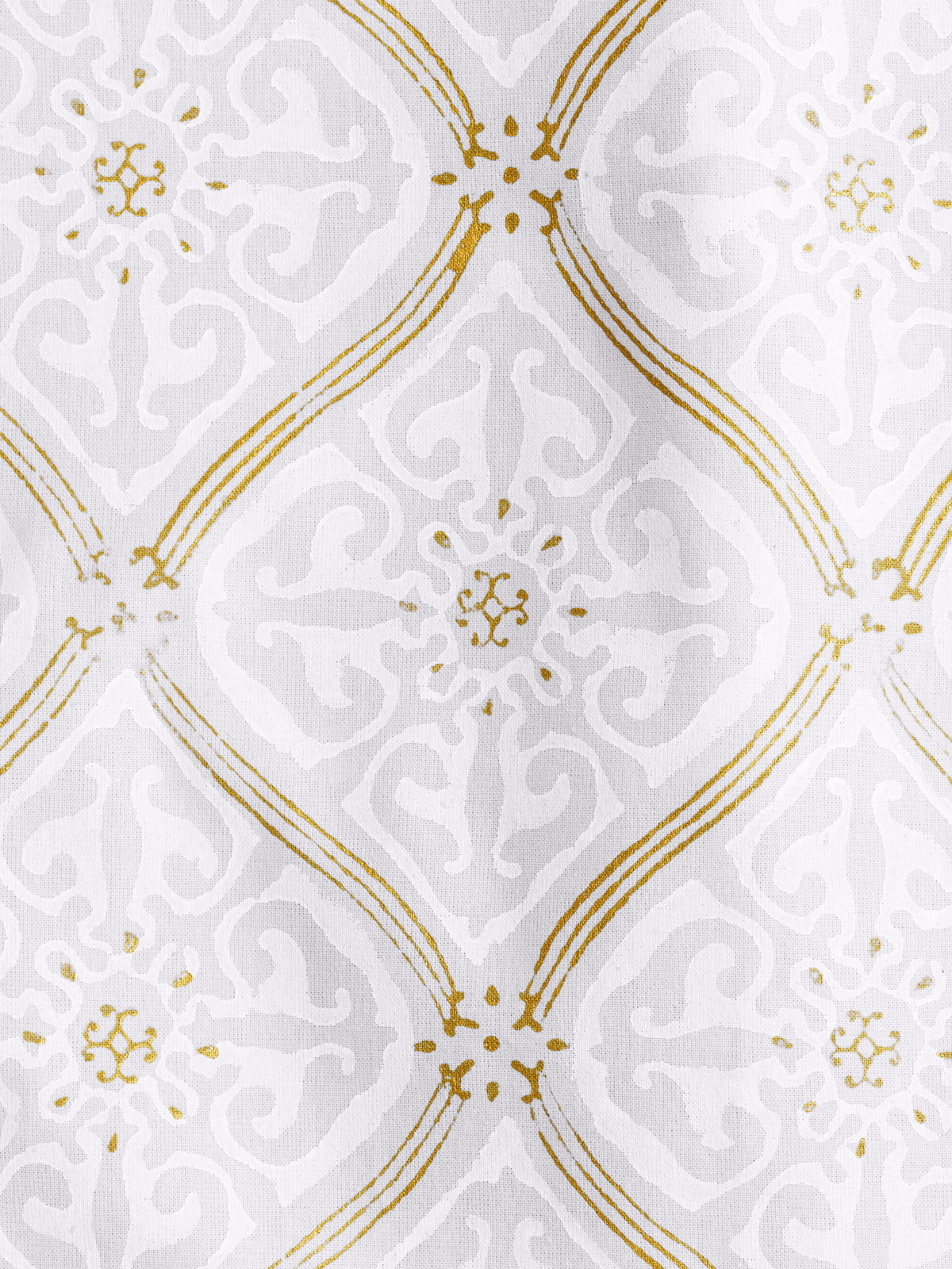 Vanilla Glace ~ White Fabric With Gold Accent Lattice Print