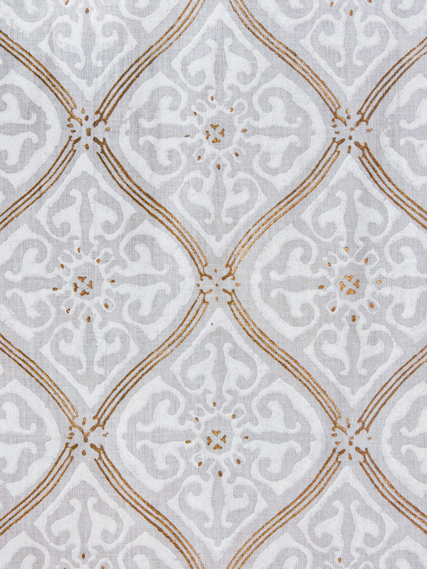 Vanilla Glace ~ White Fabric With Gold Accent Lattice Print