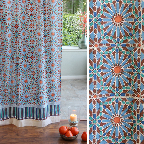 By Print Saffron Marigold, Scrolling Botanical Garden Print Shower Curtain