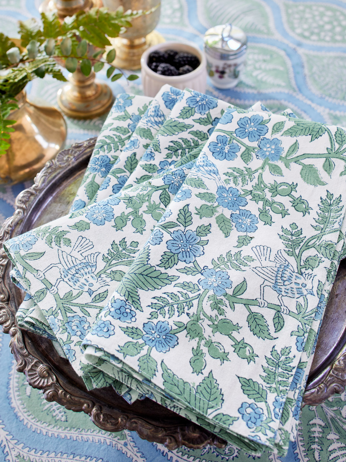 Woodland Ferns ~ White, Light Blue, Sage Green Cloth Napkins