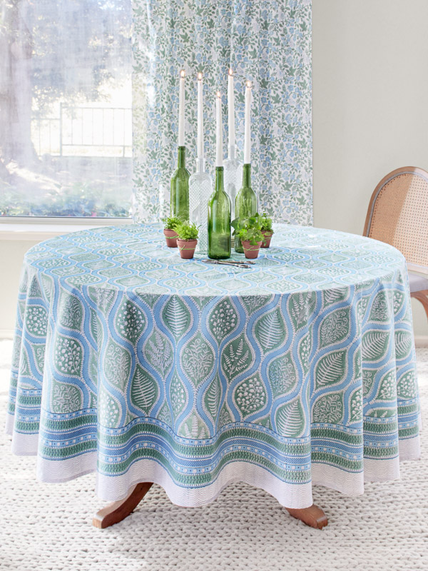 Woodland Ferns ~ Light Blue, White, Sage Green Tablecloth Round