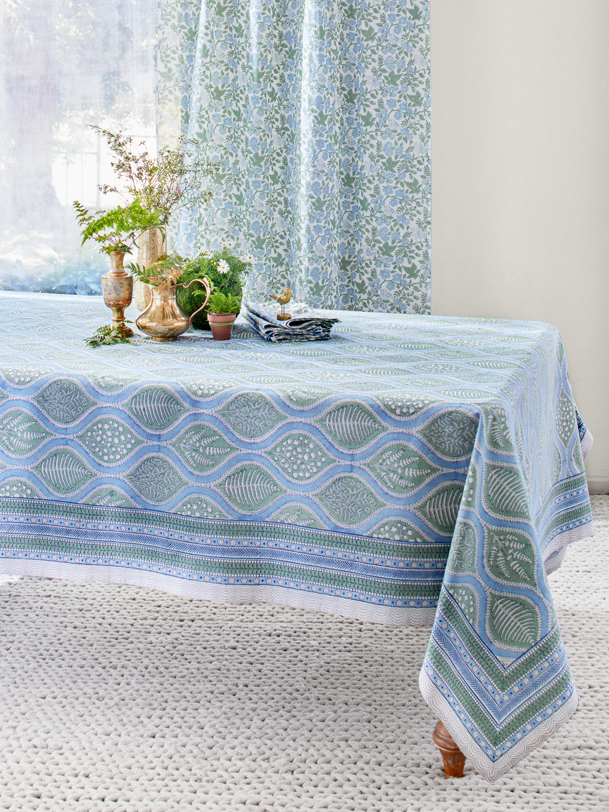 Woodland Ferns ~ Light Blue, Sage Green Tablecloth Rectangular