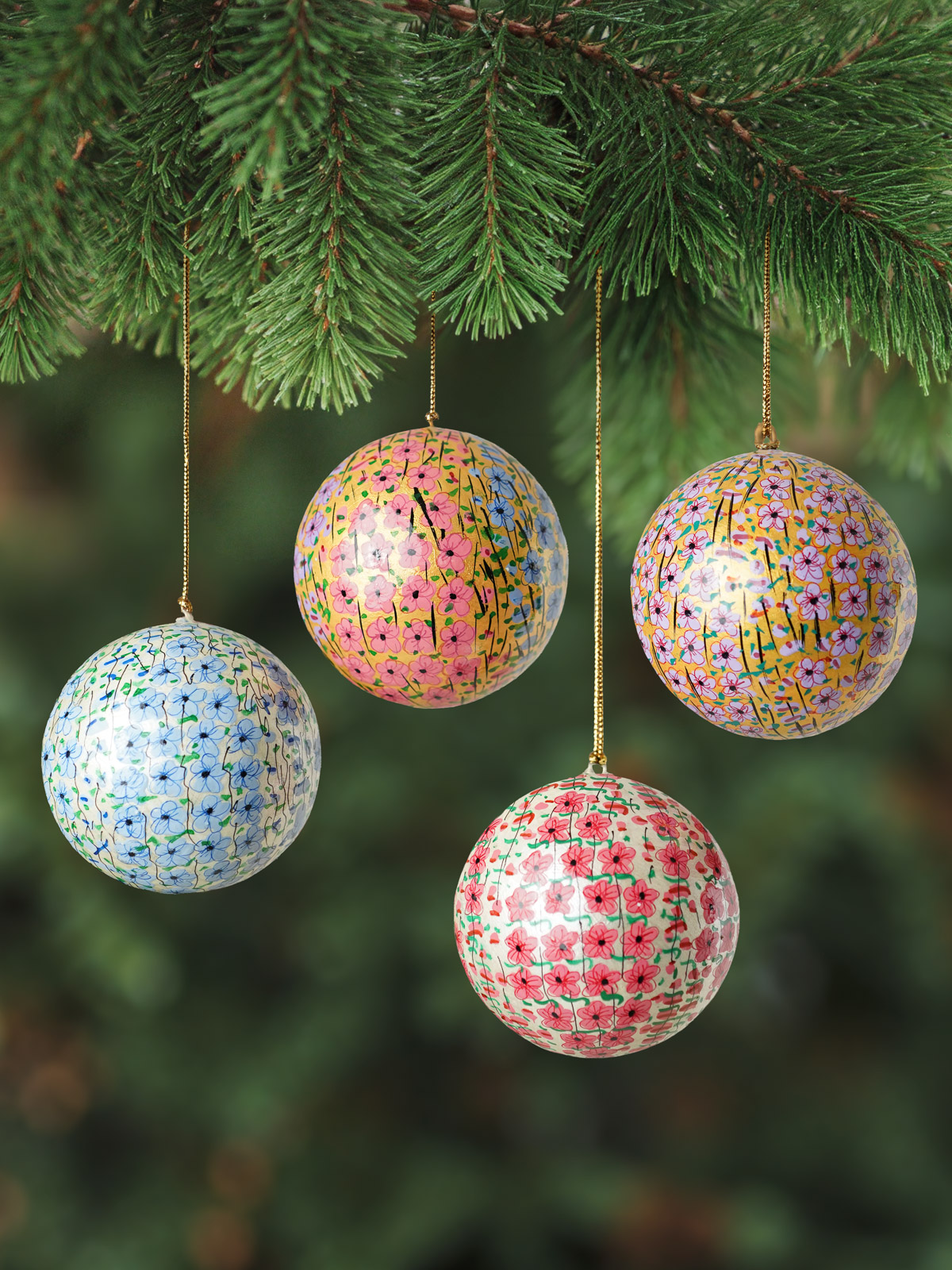 Winter Garden Quartet ~ Hand Painted Paper Mache Ornaments