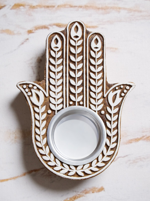 Hamsa Protection ~ Hand-Carved Wooden Tea Light Candle Holder