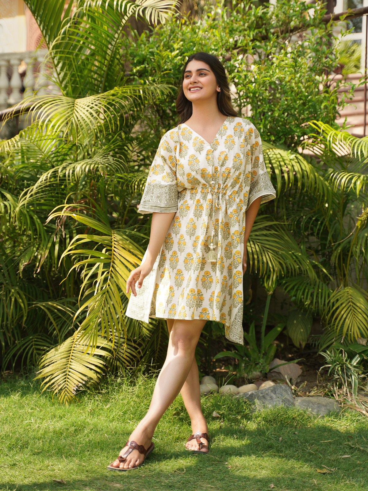 Yellow Roses ~ Short Kaftan, Floral Tunic Top for Women