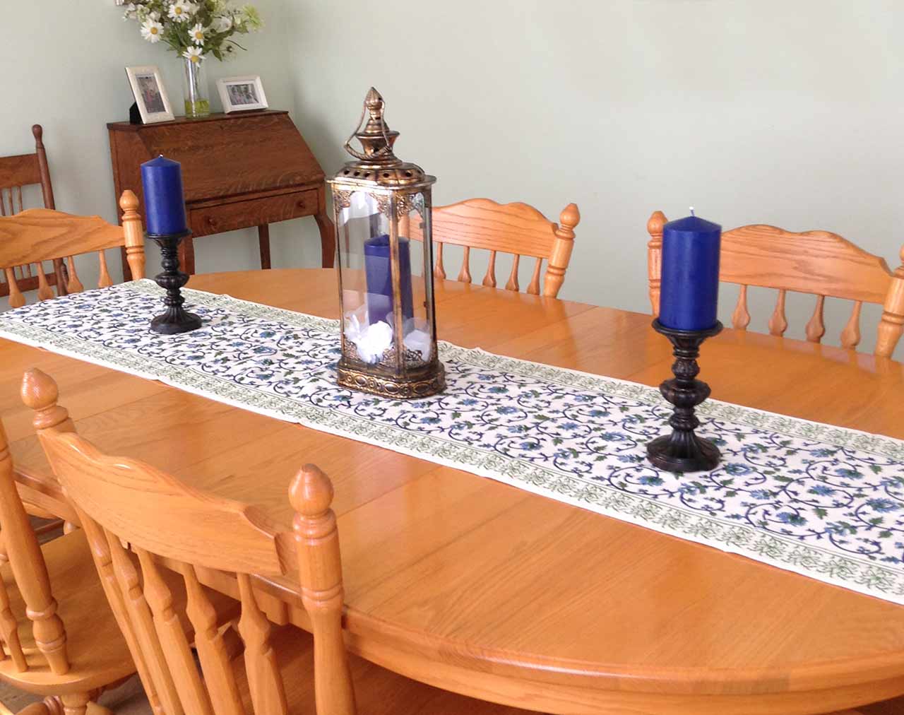 Indian table runner with blue and white
