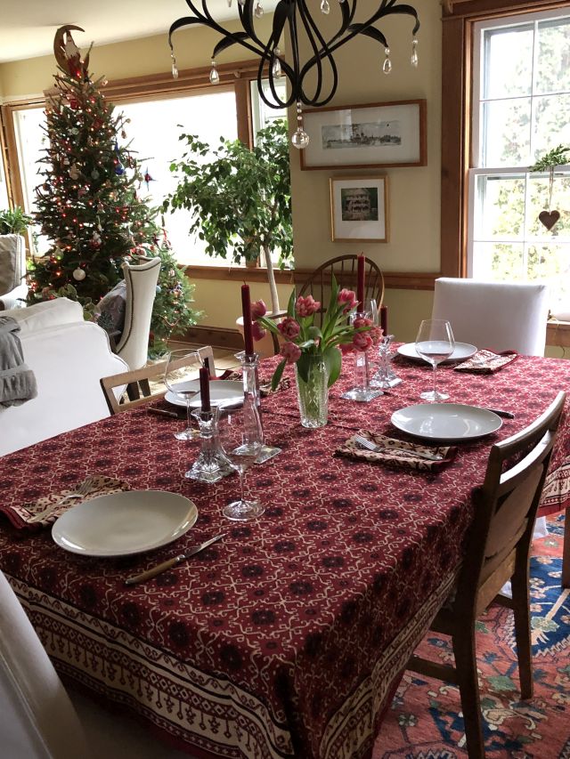 Decorative red holiday tablecloth | Saffron Marigold
